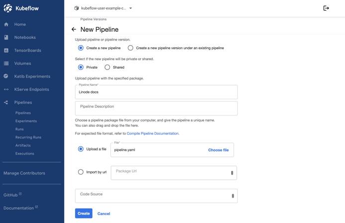 Screenshot of the New Pipeline page within Kubeflow Screenshot of the New Pipeline page within Kubeflow