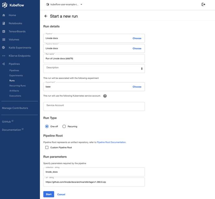 Screenshot of the Start a new run page within Kubeflow Screenshot of the Start a new run page within Kubeflow