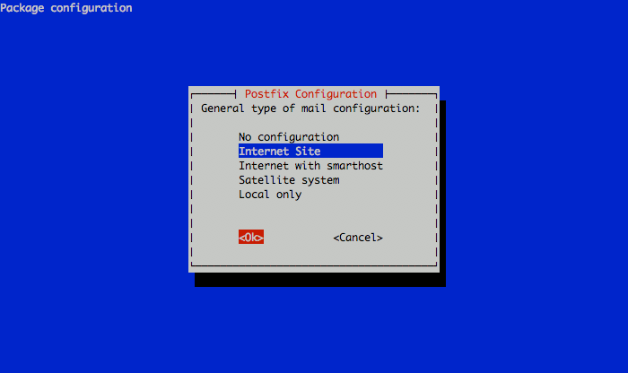 Selecting the Postfix mail server configuration type on a Debian 5.0 (Lenny) system. Selecting the Postfix mail server configuration type on a Debian 5.0 (Lenny) system.