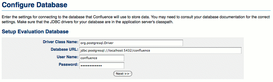 Confluence database connection details entry. Confluence database connection details entry.