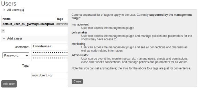 The Add User form in the RabbitMQ web interface, allowing input for username, password, and permission tags. The Add User form in the RabbitMQ web interface, allowing input for username, password, and permission tags.