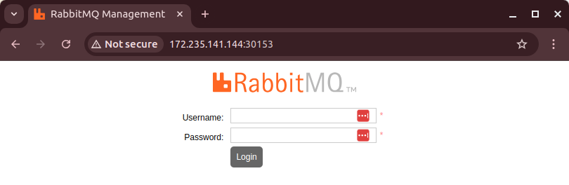 RabbitMQ management GUI displayed in a web browser, showing the login page. RabbitMQ management GUI displayed in a web browser, showing the login page.