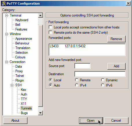 PuTTY tunnels screen showing forwarded ports on Windows 7 PuTTY tunnels screen showing forwarded ports on Windows 7