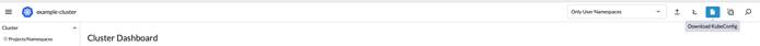 Rancher cluster dashboard - kubeconfig button highlighted Rancher cluster dashboard - kubeconfig button highlighted