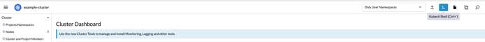 Rancher cluster dashboard - kubectl button highlighted Rancher cluster dashboard - kubectl button highlighted