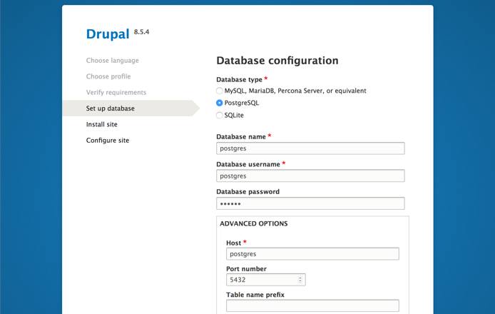 Drupal setup screen in the web browser - 'Set up database' page Drupal setup screen in the web browser - Set up database page