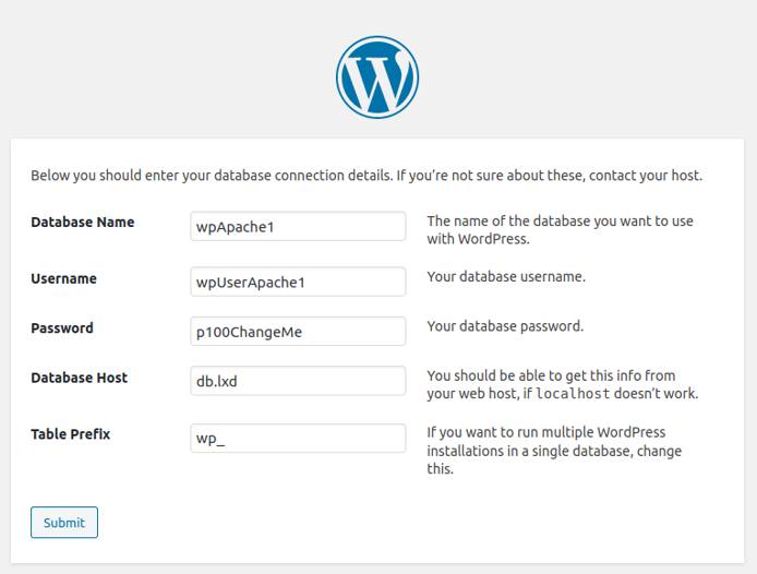 WordPress installation wizard: Add the database connection details WordPress installation Wizard: Database connection details