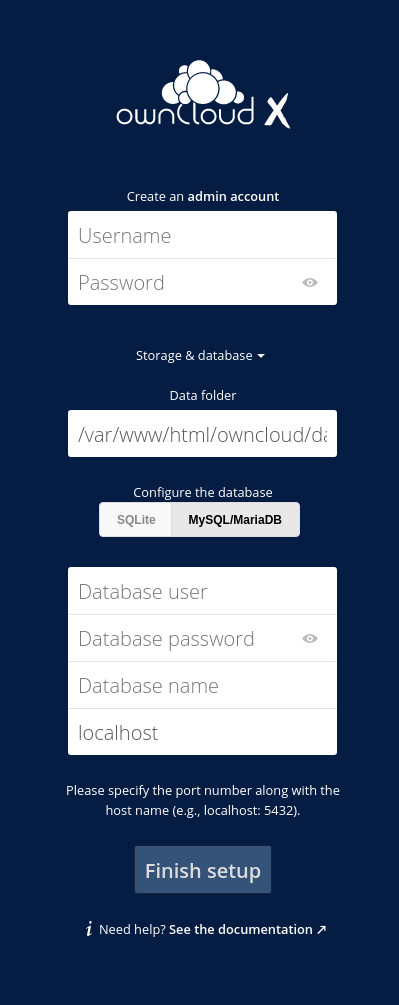 The database details section for the ownCloud installation The database details section for the ownCloud installation