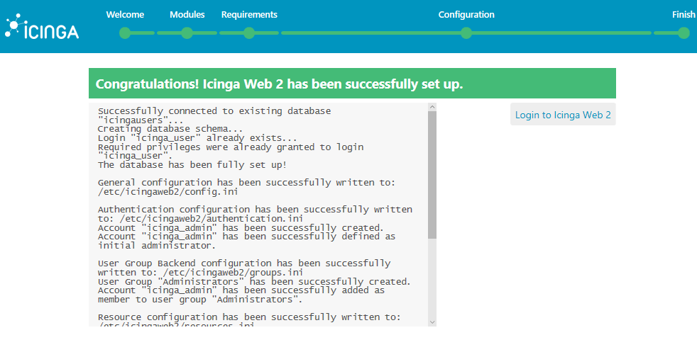 Icinga Successfully Set up - 'Login to Icinga Web 2' button Icinga Successfully Set up - Login to Icinga Web 2 button