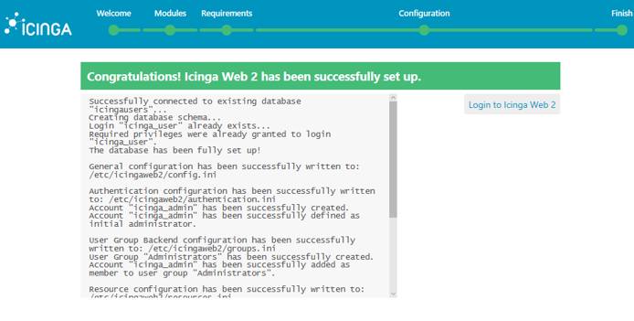 Icinga Successfully Set up - 'Login to Icinga Web 2' button Icinga Successfully Set up - Login to Icinga Web 2 button