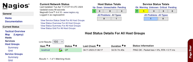 Nagios dashboard listing monitored hosts Nagios dashboard listing monitored hosts