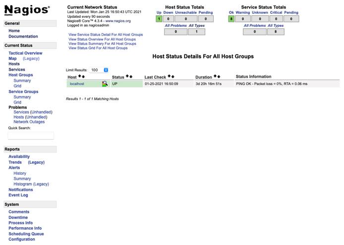 Nagios page displaying monitoring status Nagios page displaying monitoring status