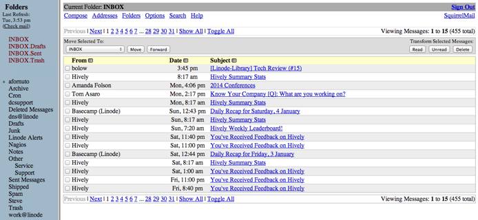 SquirrelMail Inbox view. SquirrelMail Inbox view.