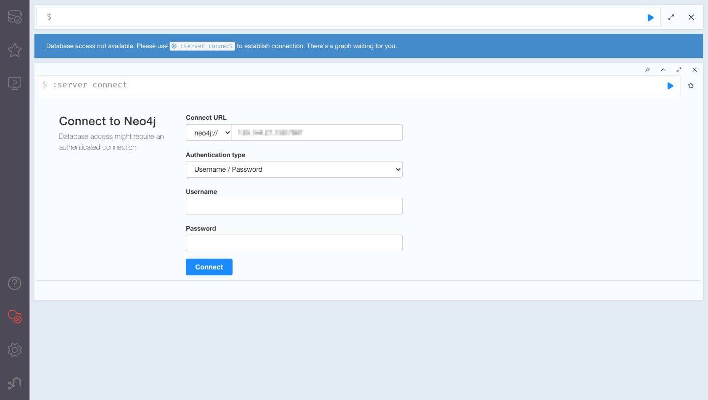 The Neo4j Browser Server Connect page. The Neo4j Browser Server Connect page.