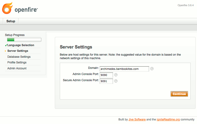 Domain and admin ports selection in Openfire setup on CentOS 5. Domain and admin ports selection in Openfire setup on CentOS 5.
