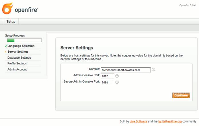 Domain and admin ports selection in Openfire setup on CentOS 5. Domain and admin ports selection in Openfire setup on CentOS 5.