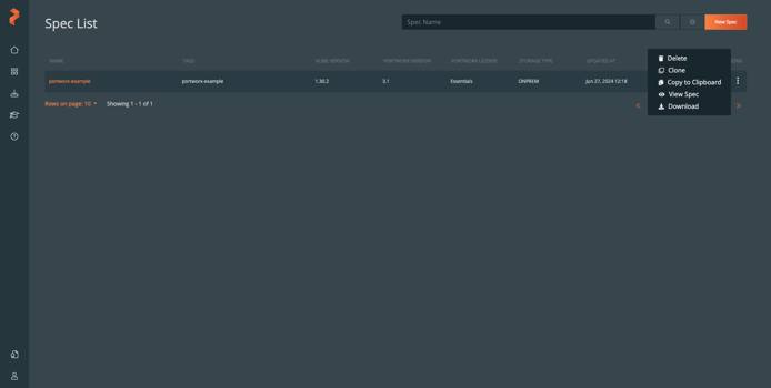 The Spec List section of Portworx Central with portworx-example listed and its action menu opened. The Spec List section of Portworx Central with portworx-example listed and its action menu opened.
