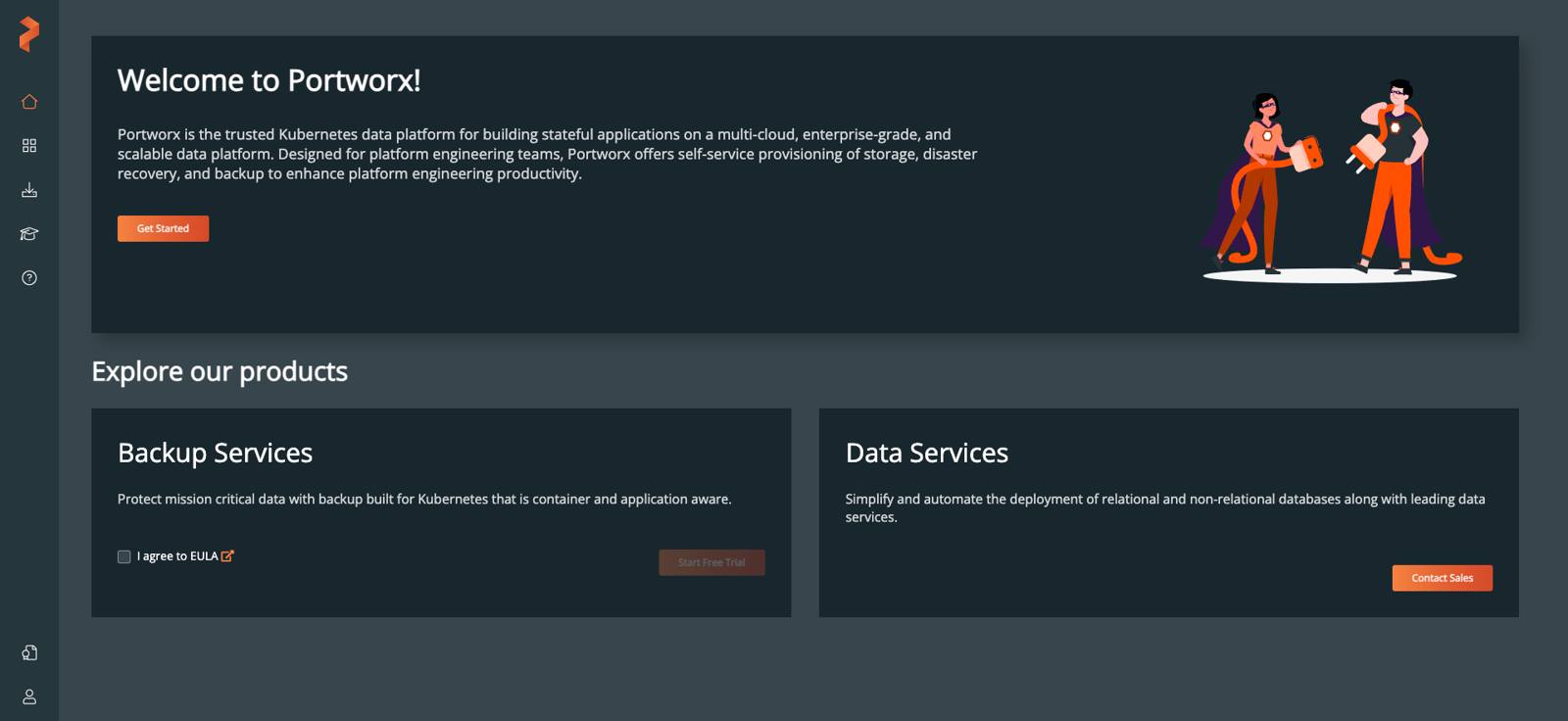 The Welcome to Portworx section of the Portworx Central Home page. The Welcome to Portworx section of the Portworx Central Home page.