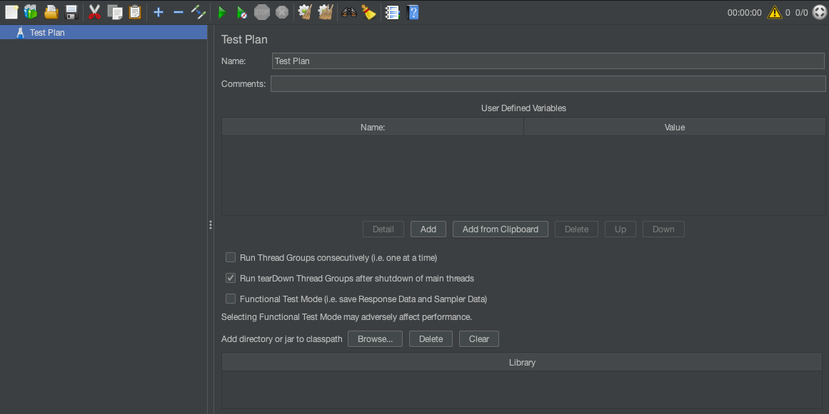 The initial view of the JMeter GUI. The initial view of the JMeter GUI.