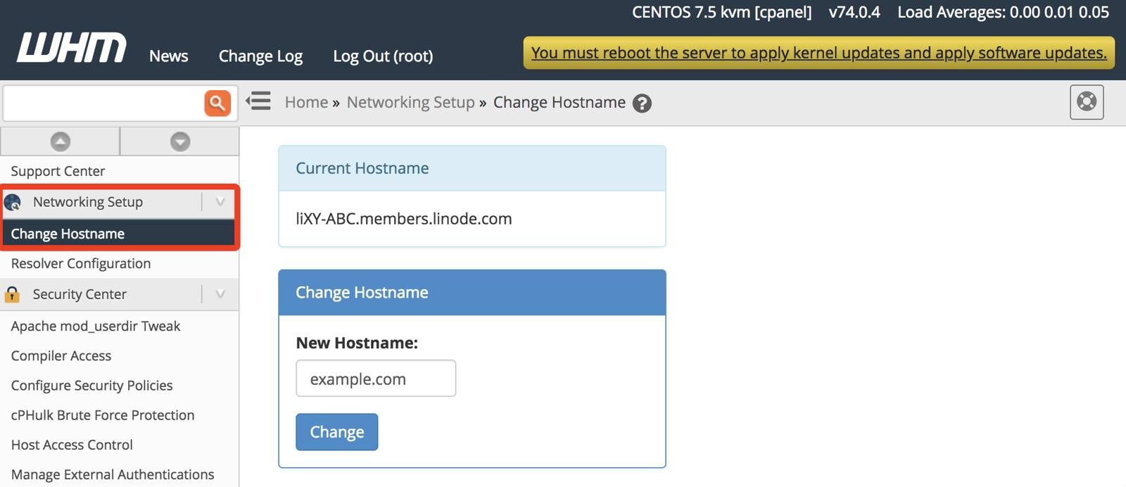 cPanel Change Hostname page. cPanel Change Hostname page