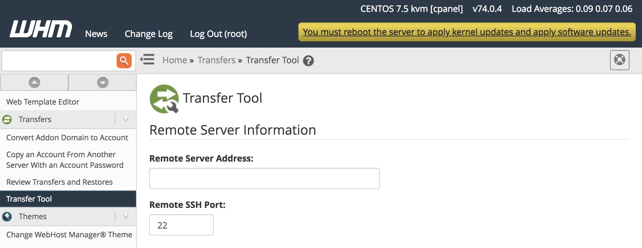 WHM Transfer Tool - Remote Server Information form. WHM Transfer Tool Remote Server Information Form