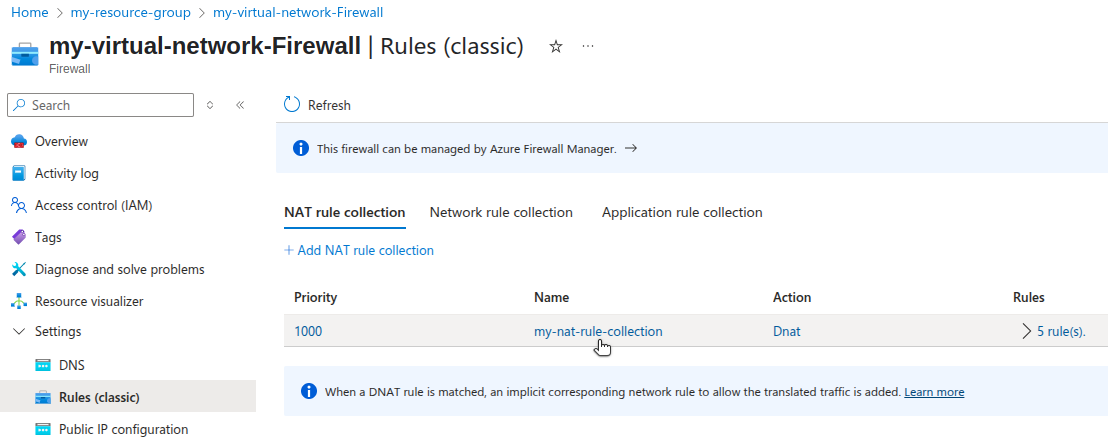 Azure Portal NAT rule collection page. Azure Portal NAT rule collection page.