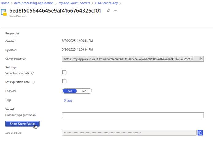 Azure Key Vault UI showing how to view the value of a selected secret. Azure Key Vault UI showing how to view the value of a selected secret.