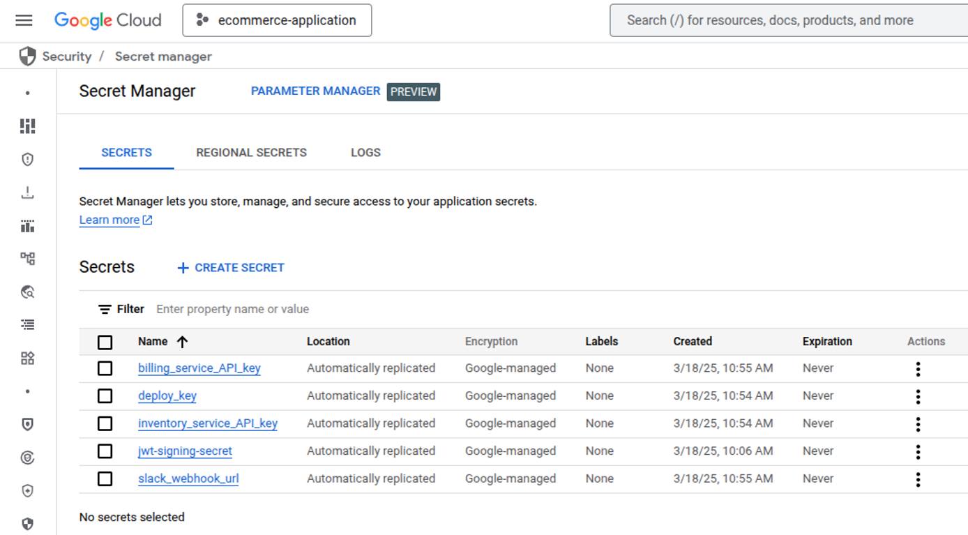 GCP Secret Manager UI showing list of stored secrets. GCP Secret Manager UI showing list of stored secrets.