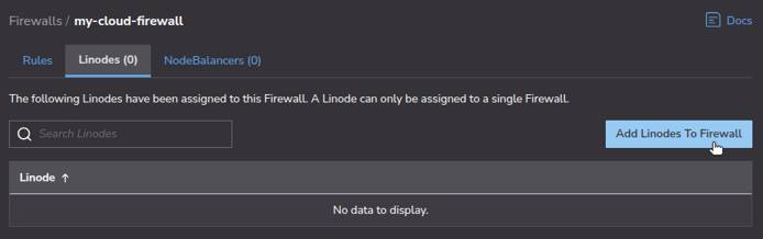 Cloud Manager UI for attaching Linodes to the firewall. Cloud Manager UI for attaching Linodes to the firewall.