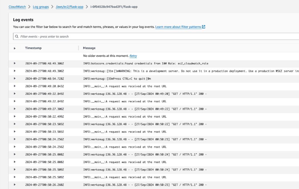Example of CloudWatch logs with INFO level log entries for a Flask application. Example of CloudWatch logs with INFO level log entries for a Flask application.