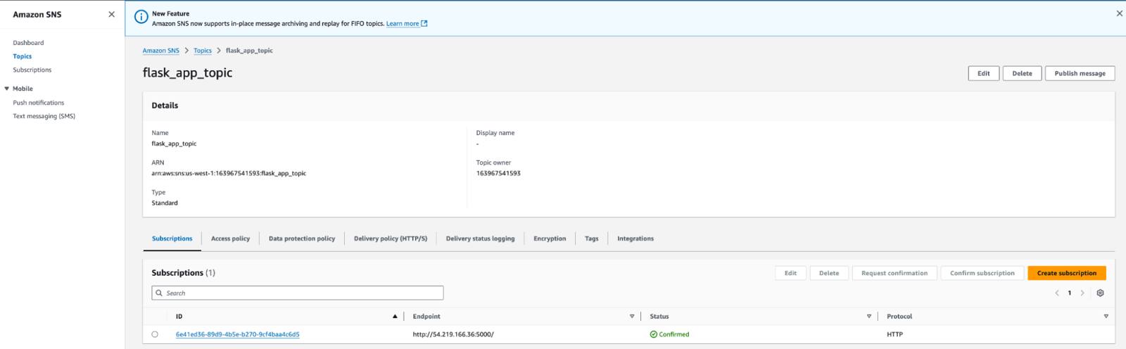 The AWS SNS Console UI showing current topic subscribers. The AWS SNS Console UI showing current topic subscribers.