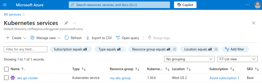 Azure portal showing AKS cluster name aks-go-cluster and resource group my-aks-group. Azure portal showing AKS cluster name aks-go-cluster and resource group my-aks-group.