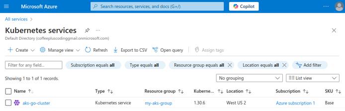 Azure portal showing AKS cluster name aks-go-cluster and resource group my-aks-group. Azure portal showing AKS cluster name aks-go-cluster and resource group my-aks-group.