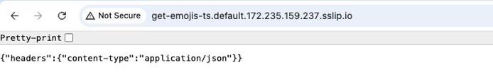 Successfully invoking the deployed get-emojis-ts Knative function in a web browser. Successfully invoking the deployed get-emojis-ts Knative function in a web browser.