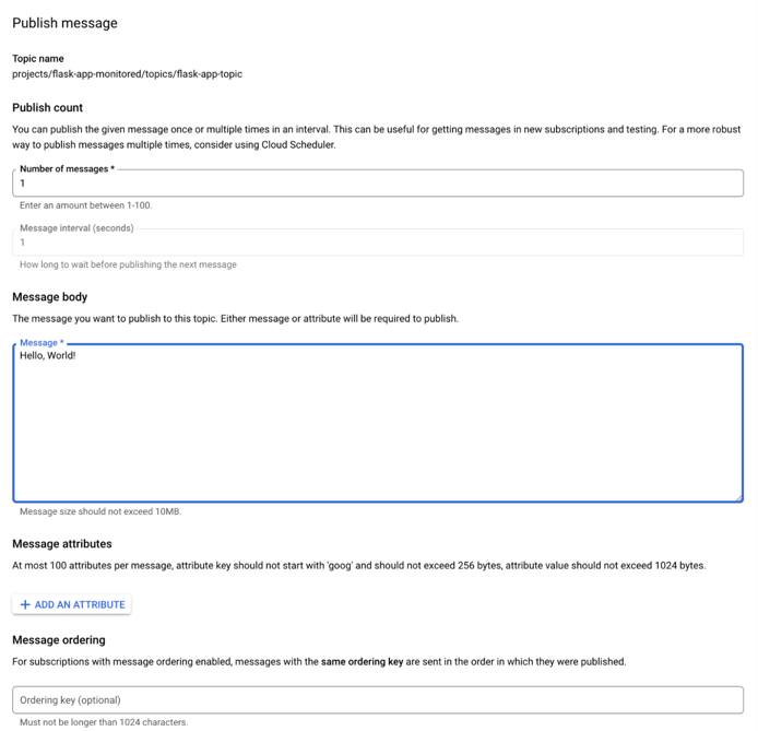 The GCP Pub/Sub UI for publishing messages to a topic. The GCP Pub/Sub UI for publishing messages to a topic.
