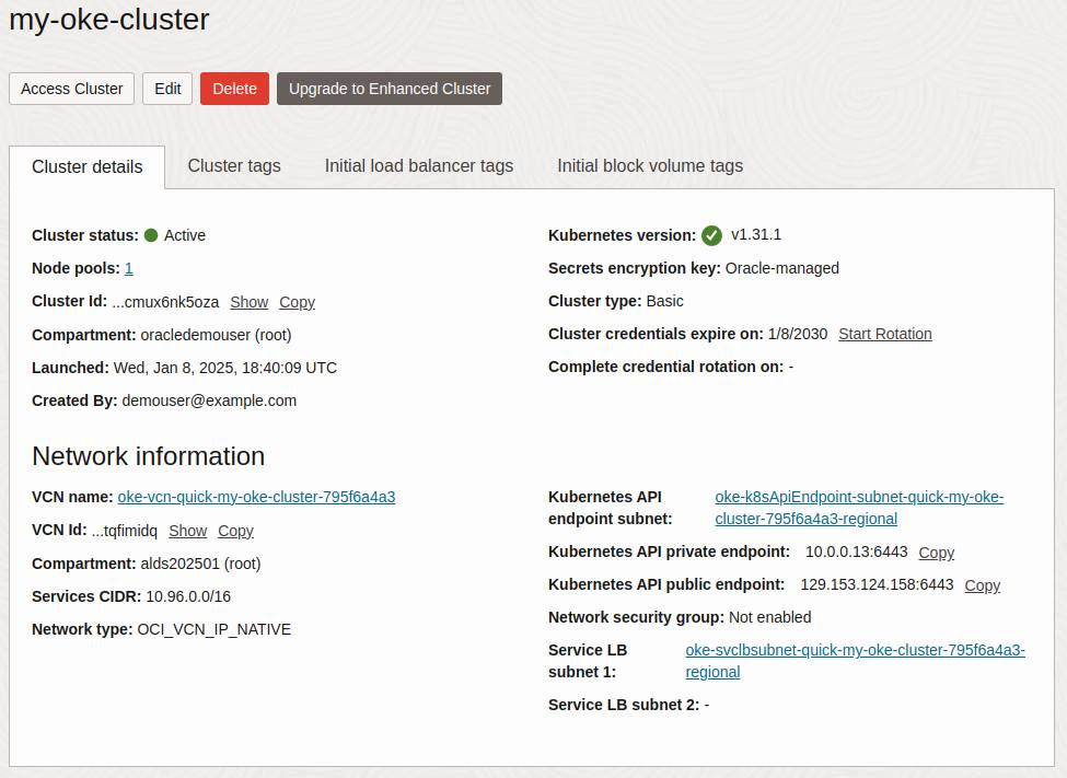 Oracle Cloud console showing detailed overview of an OKE cluster. Oracle Cloud console showing detailed overview of an OKE cluster.