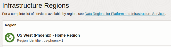 List of region identifiers in Oracle Cloud console. List of region identifiers in Oracle Cloud console.