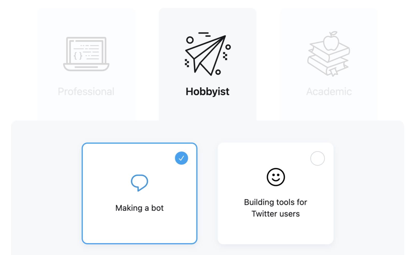 Twitter developer application - which best describes you question with Hobbyist and Making a bot options selected Twitter developer application - which best describes you question with Hobbyist and Making a bot options selected