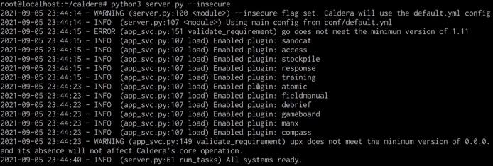 Caldera server startup logs Caldera server startup logs