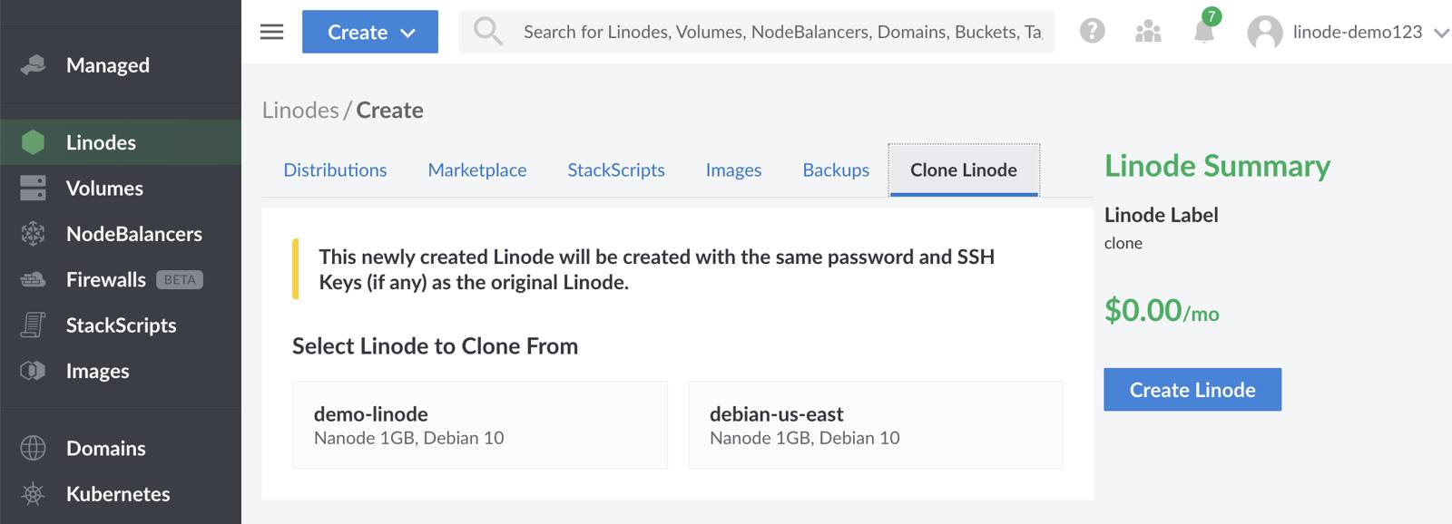 Select the Clone Linode tab to clone an existing Linode. Select the Clone Linode tab to clone an existing Linode.