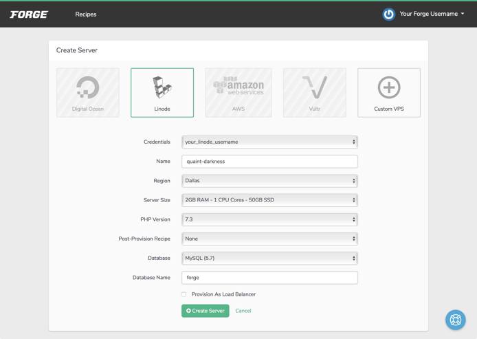 The form for creating a server in Forge Create a Server