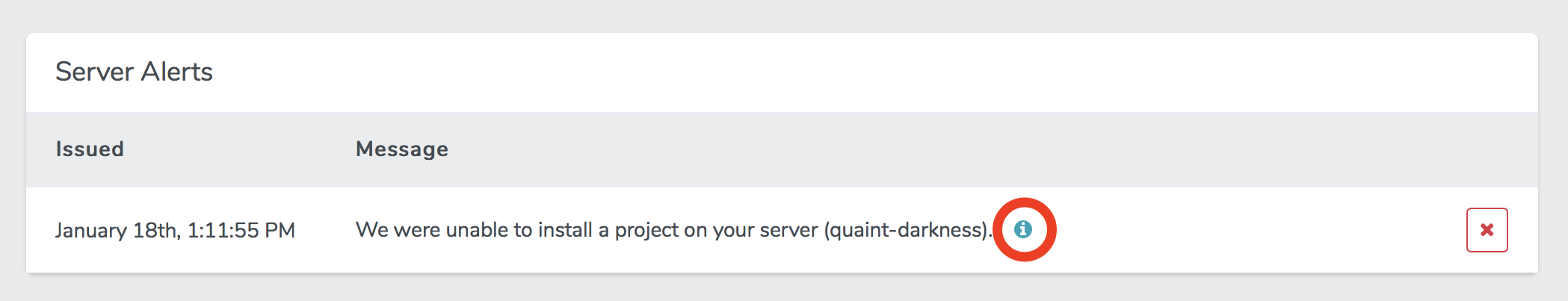 The server alerts panel Server Alerts