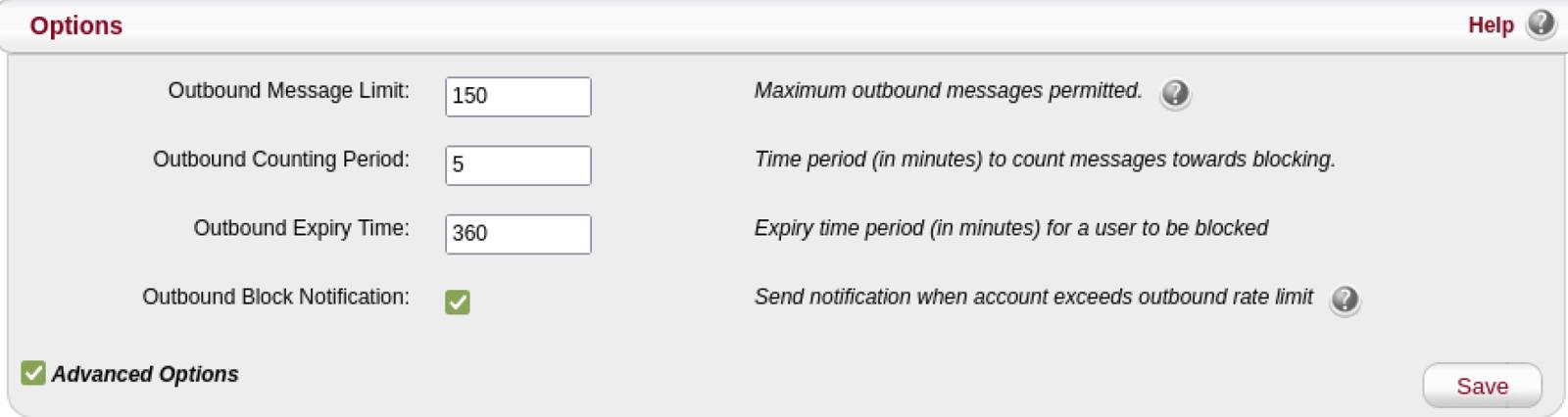 Options Screenshot of options page