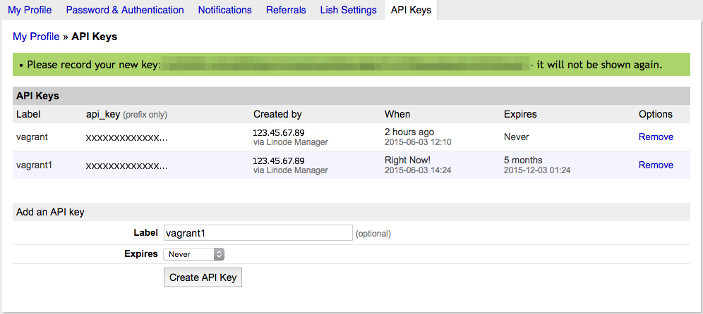 Linode API Key Generated Linode API Key Generated