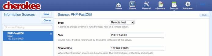 A newly created information source on the Sources page of the Cherokee admin panel on Fedora 13. A newly created information source on the Sources page of the Cherokee admin panel on Fedora 13.