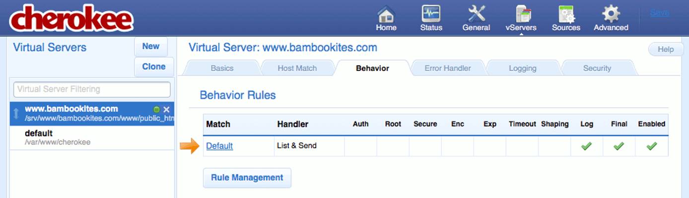 The Behavior tab on the vServers page of the Cherokee admin panel on Fedora 13. The Behavior tab on the vServers page of the Cherokee admin panel on Fedora 13.