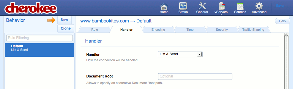The Handler tab on the vServers page of the Cherokee admin panel on Fedora 13. The Handler tab on the vServers page of the Cherokee admin panel on Fedora 13.