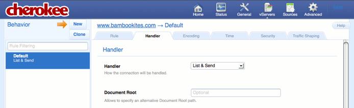 The Handler tab on the vServers page of the Cherokee admin panel on Fedora 13. The Handler tab on the vServers page of the Cherokee admin panel on Fedora 13.