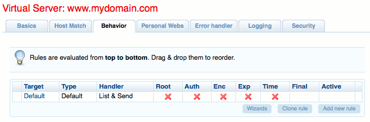 Behavior rules list in Cherokee admin panel on Ubuntu 10.04 LTS Behavior rules list in Cherokee admin panel on Ubuntu 10.04 LTS