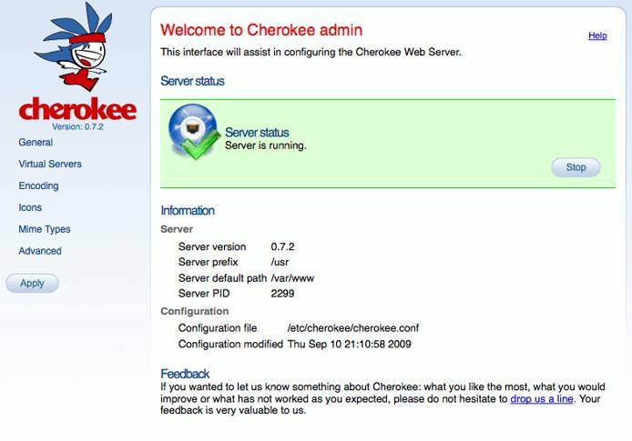 The cherokee-admin web server administration interface running on a Linode. The cherokee-admin web server administration interface running on a Linode.